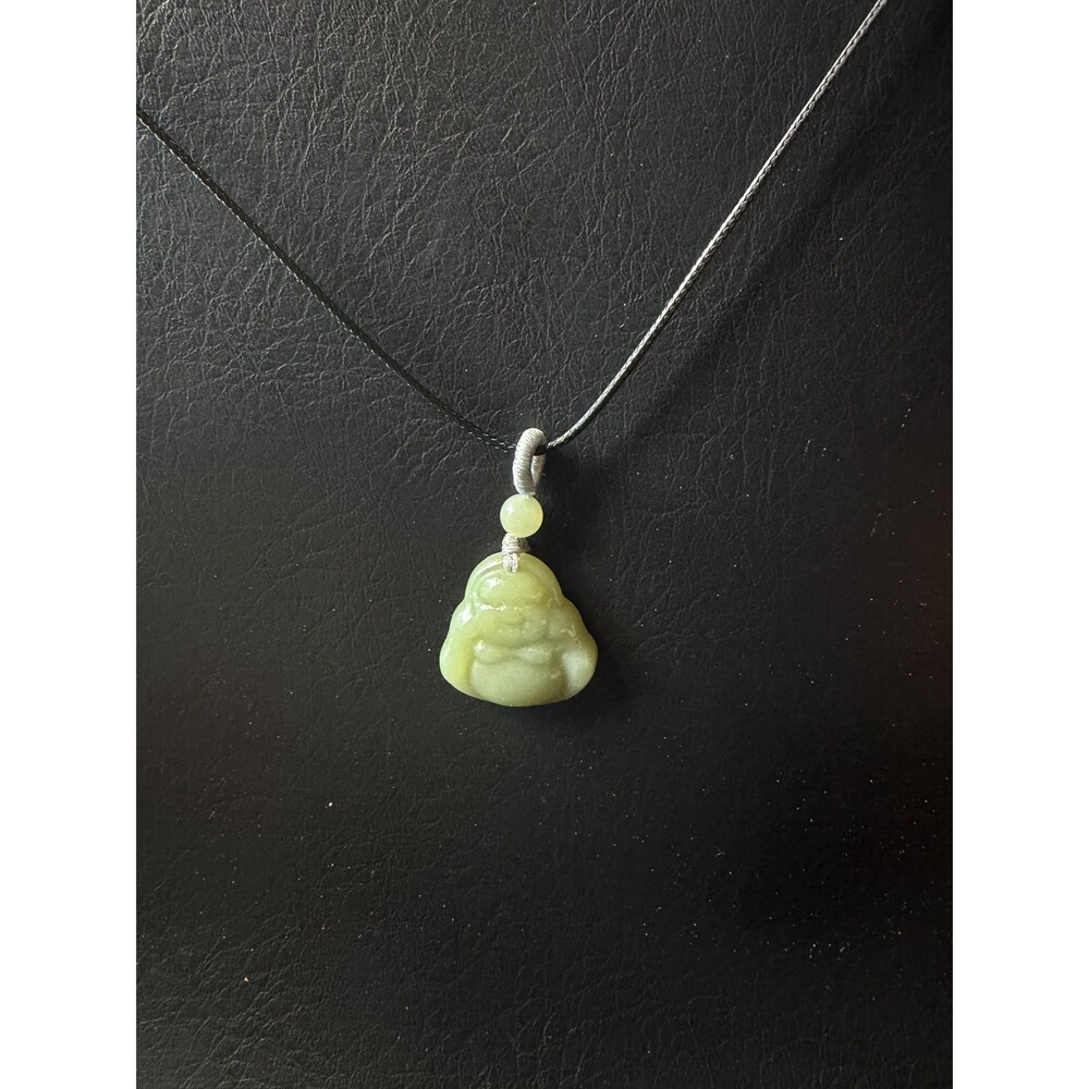 Natural Jade Buddha Pendant Necklace Small Laughing Buddha Nephrite CeladonGreen